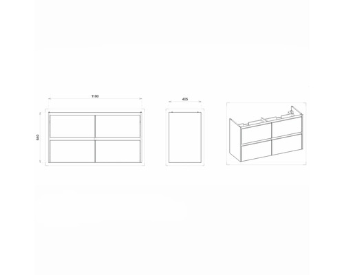 Technische Zeichnung eines Waschtischunterschranks mit vier Schubladen und Abmessungen