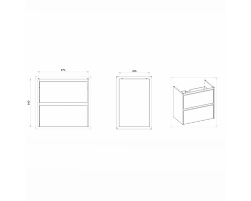 Technische Zeichnung eines Waschtischunterschranks mit Schubladen und Maßangaben.