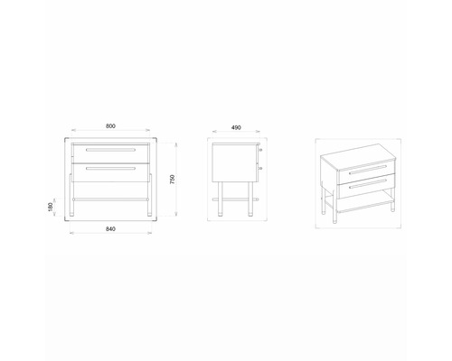 Technische Zeichnung eines Waschtischunterschranks mit zwei Schubladen und Ablagefläche, Ansichten von vorne, von der Seite und perspektivisch mit Maßangaben.