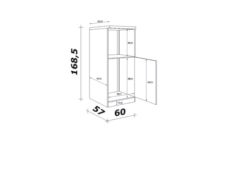 Technische Zeichnung eines Hängeschranks mit Maßen