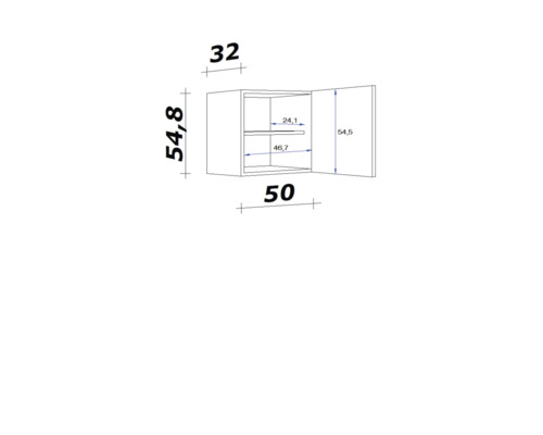 Technische Zeichnung eines Hängeschranks mit Maßen