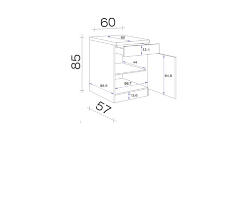 Technische Zeichnung eines Unterschranks mit Schublade, Regalböden und Tür mit Maßangaben
