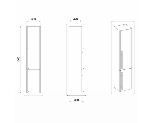 Technische Zeichnung eines Hochschranks mit den Maßen Höhe 1640 mm, Breite 350 mm und Tiefe 360 mm.