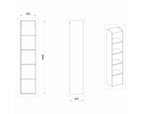 Technische Zeichnung eines Regals mit fünf Fächern und den Maßen 350 x 301 x 1640 Millimeter