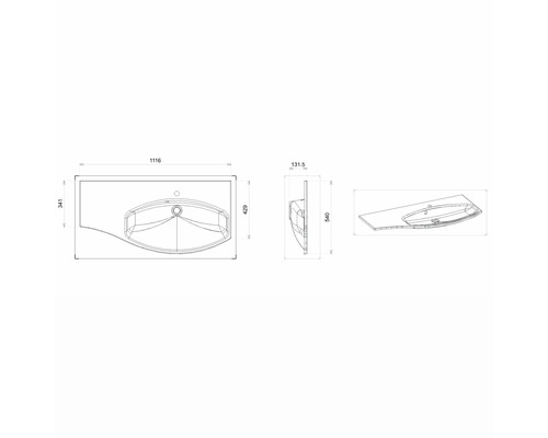 Technische Zeichnung eines Waschtisches mit Maßangaben.