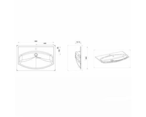 Technische Zeichnung eines Waschtisches mit Maßen.
