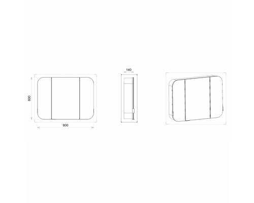Technische Zeichnung eines Spiegelschrankes mit Abmessungen