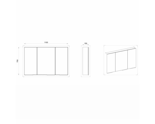 Technische Zeichnung eines Spiegelschrankes mit Abmessungen.