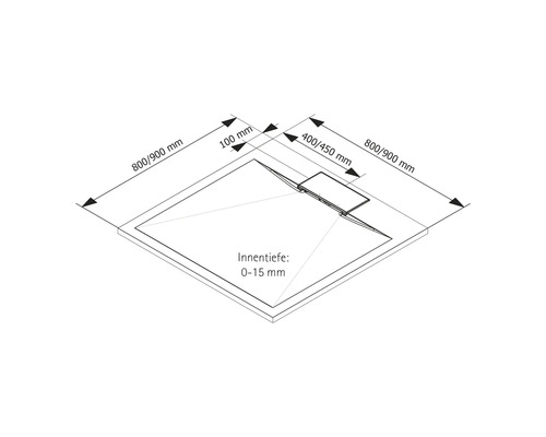 Technische Zeichnung einer Duschwanne mit Abmessungen