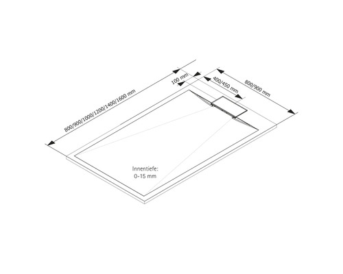 Technische Zeichnung einer Duschwanne mit Maßangaben.
