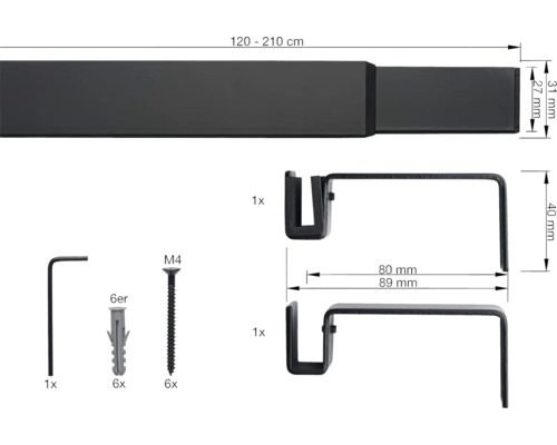 Gardinenstange, ausziehbar von 120 bis 210 Zentimeter, inklusive Montagezubehör