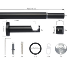 Gardinenstange mit Zubehör, Länge 120 bis 210 Zentimeter