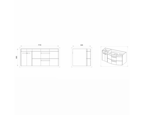Technische Zeichnung eines Waschtischunterschranks mit Maßen.