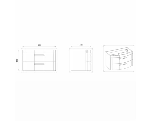 Technische Zeichnung eines Waschtischunterschranks mit Schubladen und Abmessungen.