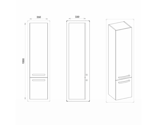 Zeichnung eines Badezimmer Hochschranks mit den Maßen 1500 x 350 x 330 Millimeter.