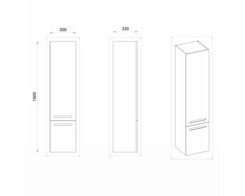 Technische Zeichnung eines Hochschranks mit den Maßen 350 x 330 x 1500 mm