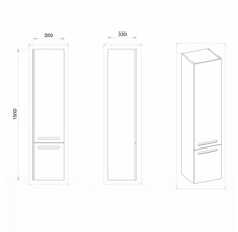 Technische Zeichnung eines Badezimmer Hochschranks mit den Maßen 350 x 330 x 1500 mm.