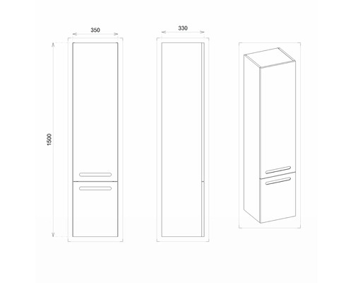 Zeichnung eines Hochschranks mit Maßangaben: 1500 mm hoch, 350 mm breit und 330 mm tief.