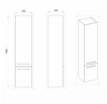 Zeichnung eines Hochschranks mit den Maßen 1500 x 350 x 330 Millimeter in verschiedenen Ansichten.