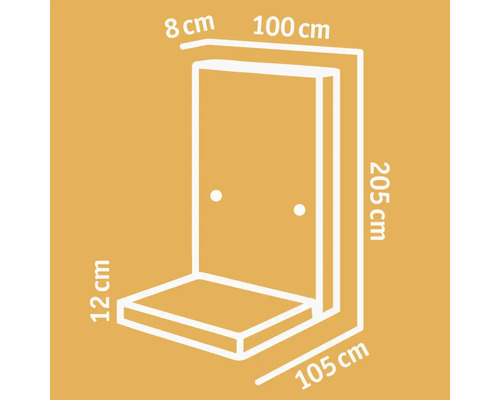 Technische Zeichnung einer Duschkabine mit Maßangaben
