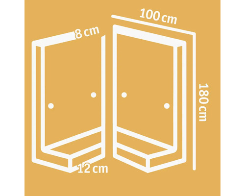 Technische Zeichnung einer Duschkabine mit Maßangaben 180 cm Höhe, 100 cm Breite, 8 cm und 12 cm Tiefe