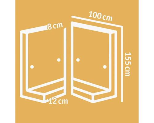 Technische Zeichnung einer Duschkabine mit Maßangaben: 100 cm Breite, 155 cm Höhe, 8 cm Tiefe, 12 cm Boden