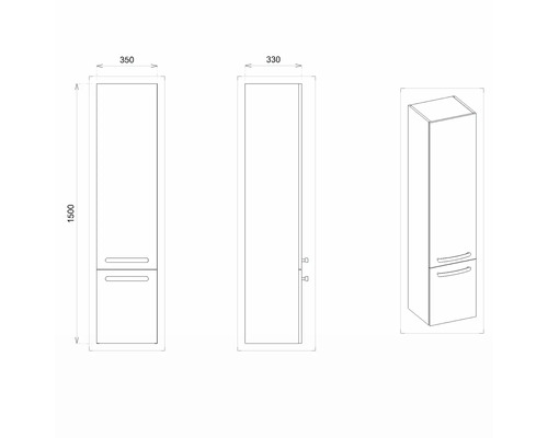 Technische Zeichnung eines Badezimmer Hochschranks mit den Maßen 350 x 330 x 1500 Millimeter.