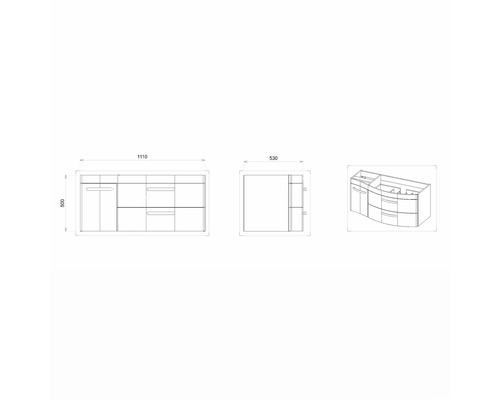 Technische Zeichnung eines Waschtischunterschranks mit Maßen
