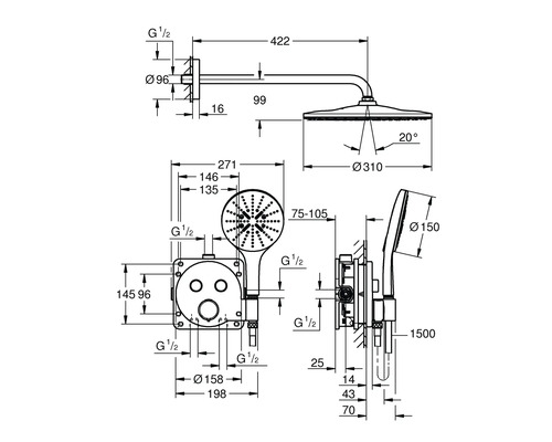 Technische Zeichnung eines Duschsystems mit Maßangaben