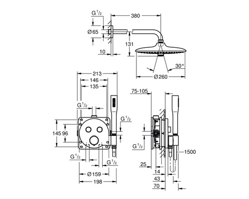 Technische Zeichnung einer Duscharmatur mit Maßangaben