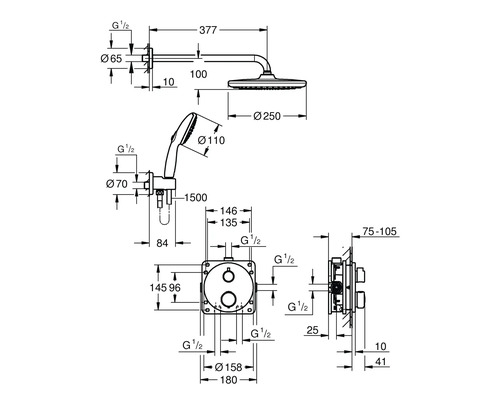 Technische Zeichnung einer Duschgarnitur mit Maßangaben