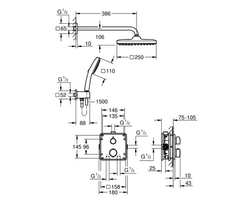 Maßzeichnung der Duscharmatur mit Kopfbrause und Handbrause