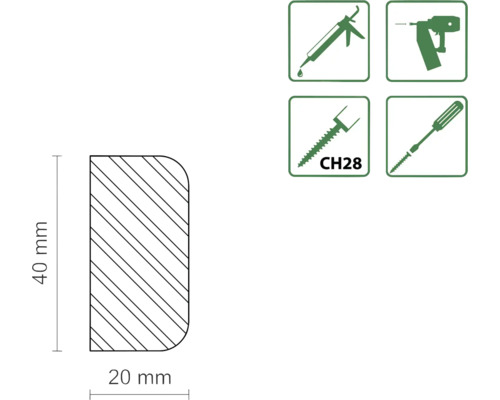 Illustration eines Profils mit den Maßen 40 mal 20 Millimeter und Symbole zur Befestigung.