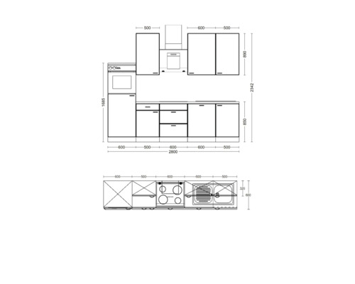 Skizze einer Küchenzeile mit Maßangaben