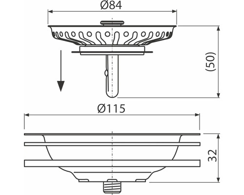 Technische Zeichnung eines Siebkorbventils mit Maßangaben