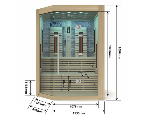 Technische Zeichnung einer Infrarotsauna mit Maßangaben