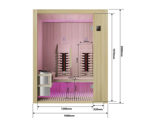 Innenansicht einer Sauna mit Maßangaben