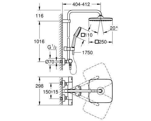Technische Zeichnung eines Duschsystems mit Maßen.