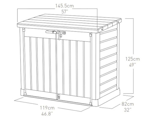 Umrisszeichnung einer Gerätebox mit Maßangaben