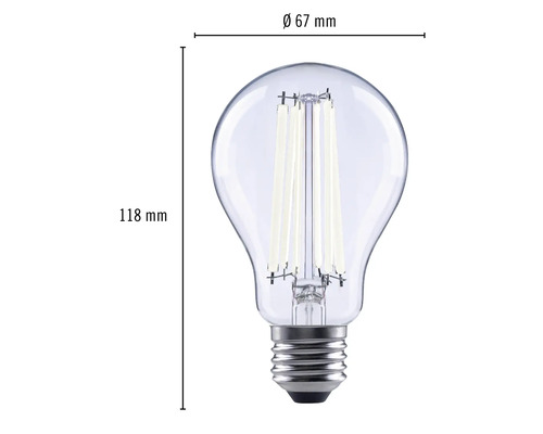 Abbildung einer klaren LED-Lampe mit E27-Sockel und den Maßen 118 mm Höhe und 67 mm Durchmesser.