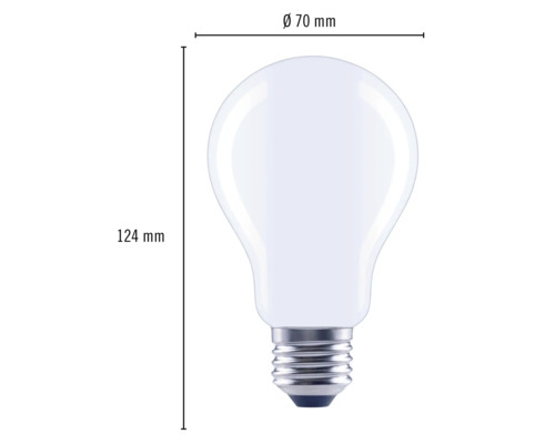 Abbildung einer Glühbirne mit den Maßen 70 Millimeter Durchmesser und 124 Millimeter Höhe.