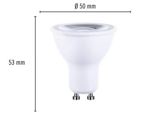 GU10 LED Leuchtmittel mit den Maßen 50 Millimeter Durchmesser und 53 Millimeter Höhe