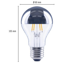Abbildung einer LED Lampe, Bauform Birne, mit den Maßen 60 Millimeter Durchmesser und 105 Millimeter Höhe