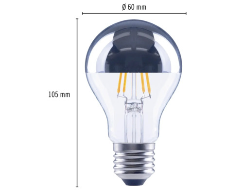 Abbildung einer LED Lampe, Bauform Birne, mit den Maßen 60 Millimeter Durchmesser und 105 Millimeter Höhe