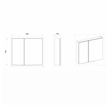 Technische Zeichnung eines Spiegelschranks mit zwei Türen und den Maßen 800 x 700 x 150 Millimeter.