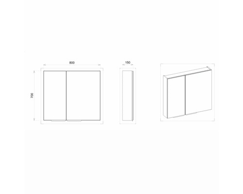 Technische Zeichnung eines Spiegelschranks mit zwei Türen und den Maßen 800 x 700 x 150 Millimeter.