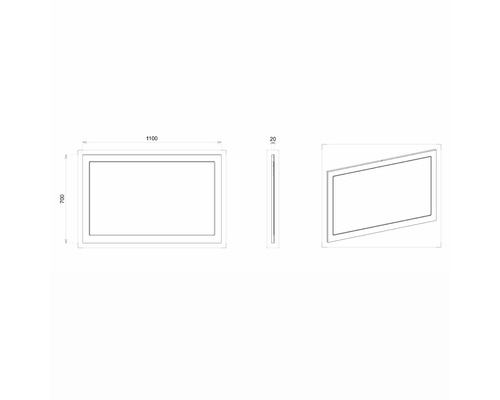 Technische Zeichnung eines rechteckigen Spiegels mit Maßen 1100 x 700 x 20 mm.