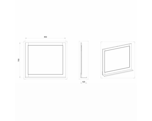 Technische Zeichnung eines Spiegels mit den Maßen 800 x 700 x 120 Millimeter.