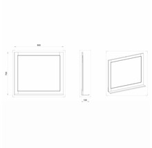 Technische Zeichnung eines Spiegels mit Regal, Breite 800 Millimeter, Höhe 700 Millimeter, Tiefe 120 Millimeter