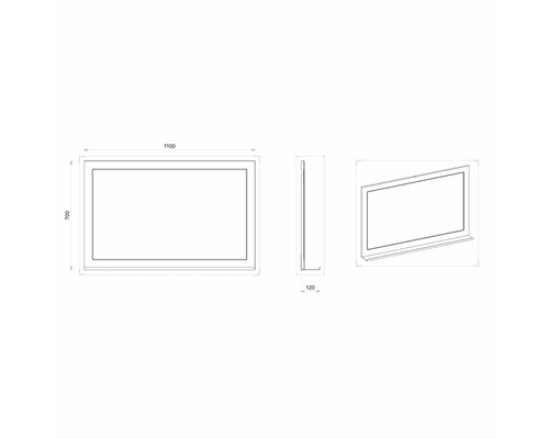 Technische Zeichnung eines Spiegels mit Ablage und den Maßen 1100 x 700 x 120 mm.